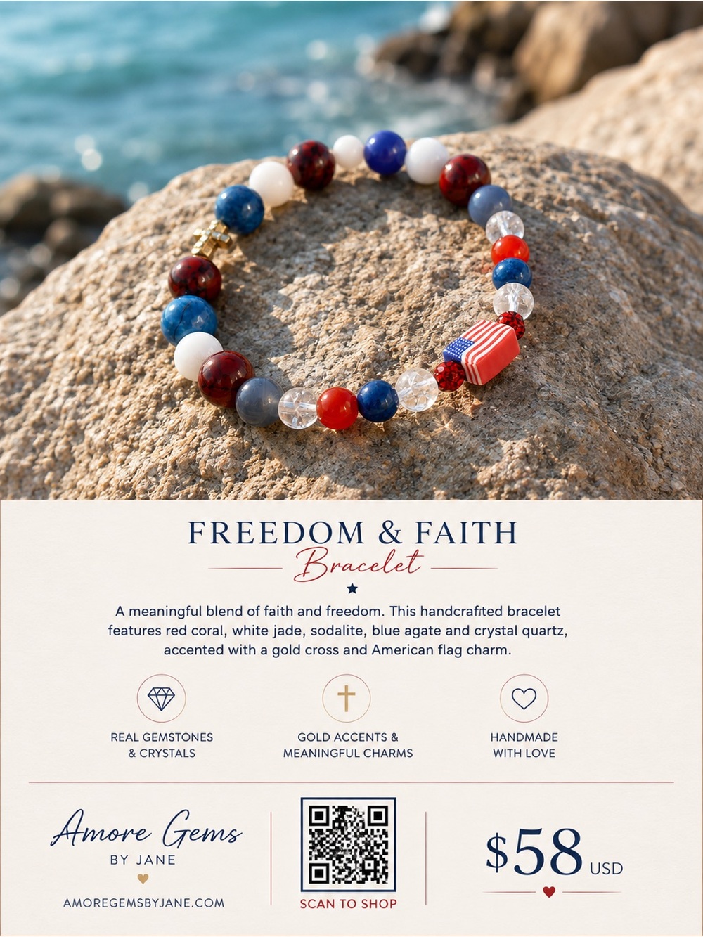 Amore Gems Freedom & Faith Bracelet - Red, White & Blue Beaded Bracelet